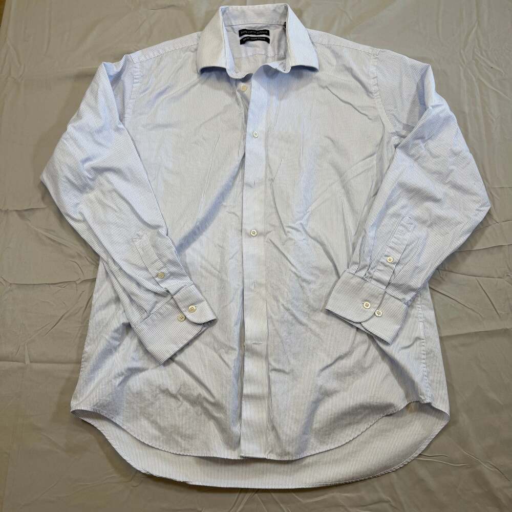 Saks Fifth Avenue Dress Shirt Mens 17 34/35 Slim Fit White w/ Blue Stripes